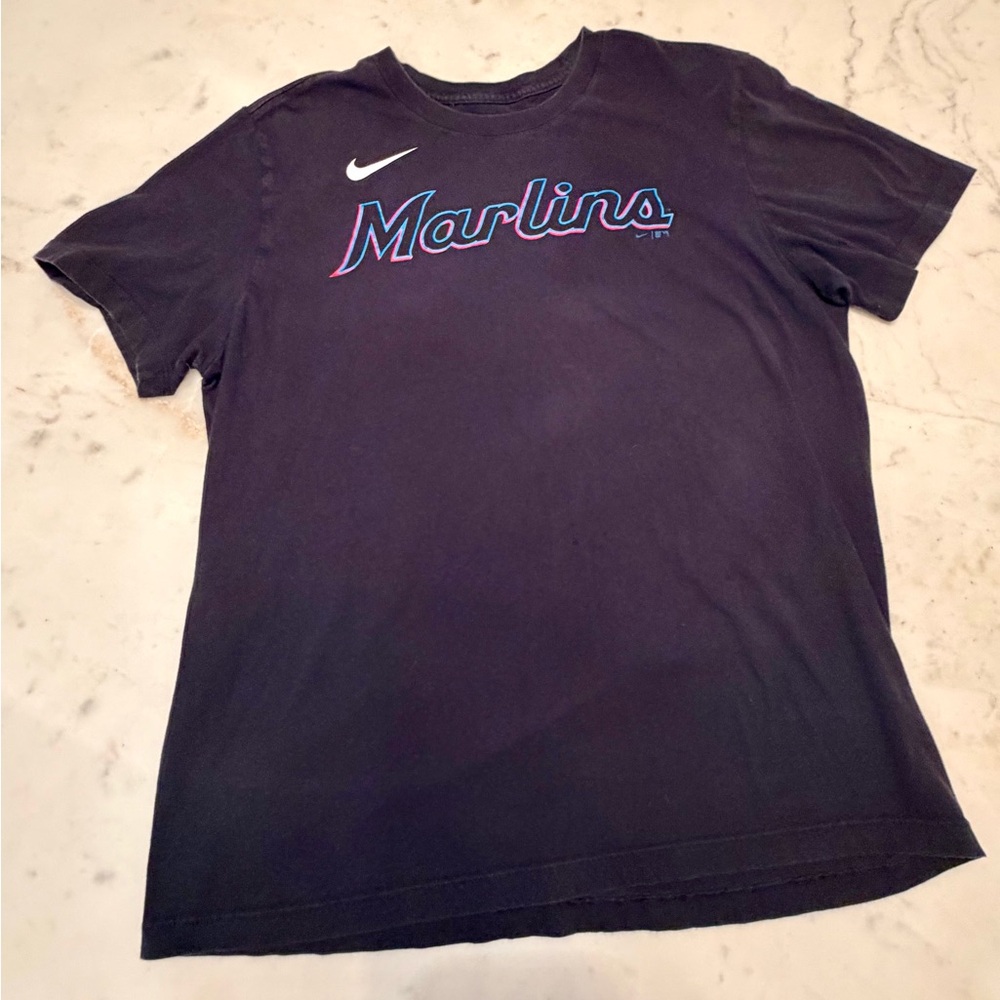 Nike Miami Marlins logo Navy t-shirt, Official MLB fan wear, Size Large